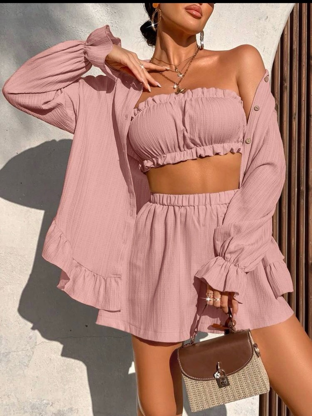 Three-Piece Pink Mini Set — Elastic Waist Skirt, Bandeau & Lightweight Shirt